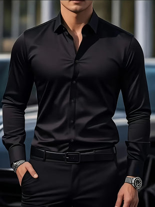 Herren Langarmhemd – Klassisches Schwarz für Business Casual & Büroalltag – Nicht dehnbarer Stoff für formelle Anlässe, Meetings und Ausflüge – Pflegeleichtes Profi-Outfit, zeitloses Design, glatte Textur, stilvolles Oberteil für Unternehmenskleidung